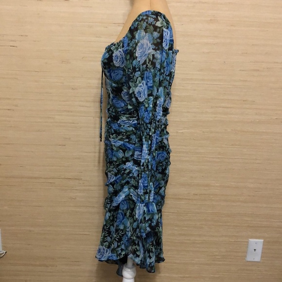 WAYF Floral Blue Cinched Hi-Low Fitted Sheer Puff Long Sleeve Dress size Medium - Picture 4 of 13